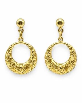Vintage Gold Tone Earrings Drop Statement Swirl Design Hoop Door knocker Earring